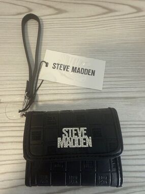 Steve Madden Black Crystal Logo Wristlet Wallet